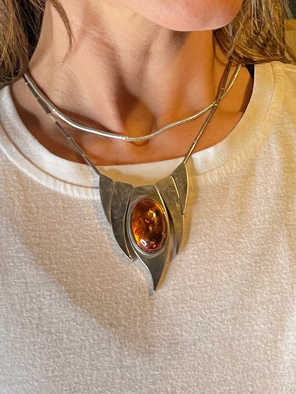 Exquisite Vintage Poland Sterling Silver Modernist Large Amber Necklace 925